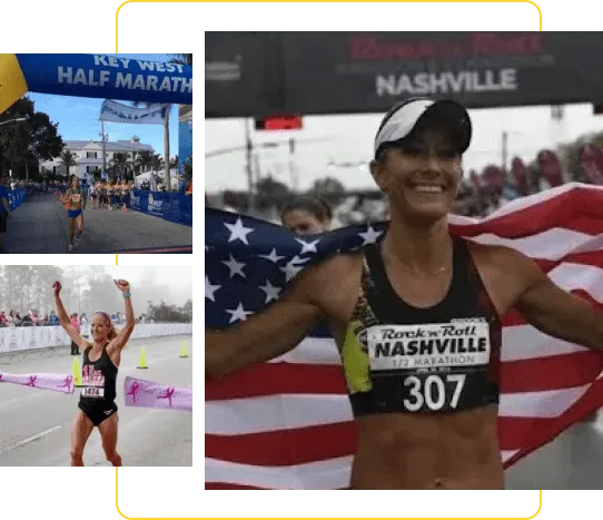 Collage of marathon runners celebrating at different races, including Nashville and Key West events.